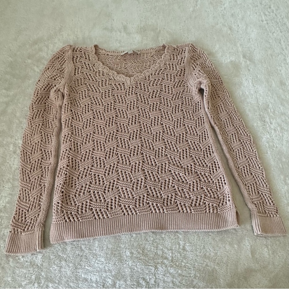 Loft Pink Cotton Crochet Knit Long Sleeve Top size Medium